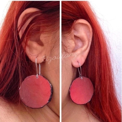 Double-sided earrings handmade from recycled paper in red and black