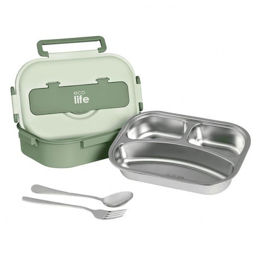 Ecolife 3-Compartment Green Lunchbox 1Lt with Spoon and Fork New