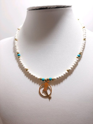 Handmade necklace with semi-precious stones and stainless steel dolphin pendant