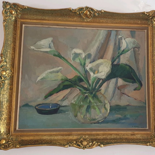 Painting Krinakia by Kostas Barbas 1957 with carved gold frame new