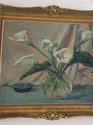 Painting Krinakia by Kostas Barbas 1957 with carved gold frame new