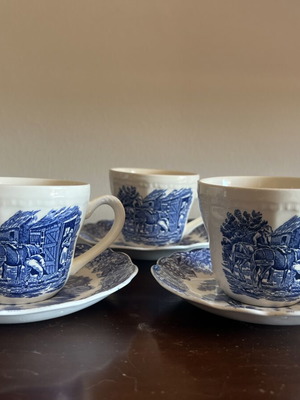 J&G Meakin Romantic England tea cup set of 3, blue and white porcelain