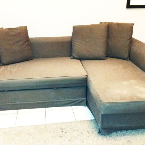 Ikea sofa bed used with cushions, corner, needs deep cleaning