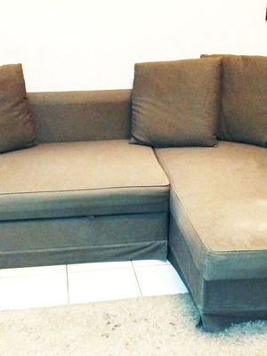 Ikea sofa bed used with cushions, corner, needs deep cleaning