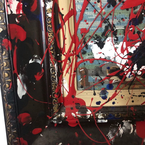 Original painting abstract mixed media with carved gilt frame