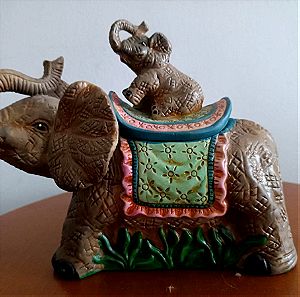 Αγαλματάκι Μπιμπελό Vintage Πήλινο Διακοσμητικό Ελέφαντας Με Το Μικρό Άθικτο Συλλεκτικό Ευκαιρία