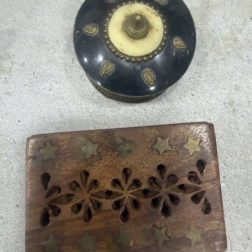 Decorative set like new with wooden incense holder and brass box