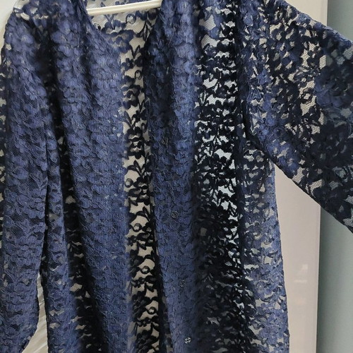 Luxury lace cardigan, for bulky, 3XL, size 58, length 85cm, dark blue, long sleeve