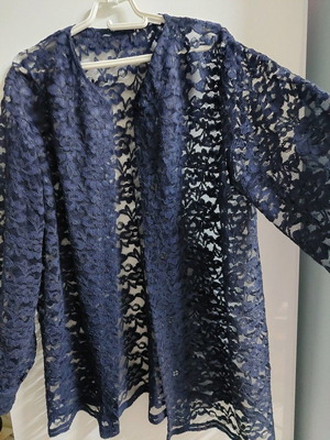 Luxury lace cardigan, for bulky, 3XL, size 58, length 85cm, dark blue, long sleeve