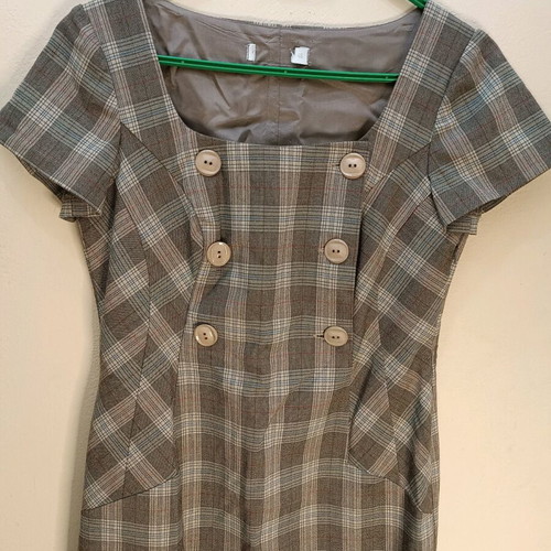 Retro Plaid Mini Dress with Square Neckline and Buttons like New