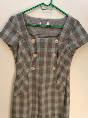 Retro Plaid Mini Dress with Square Neckline and Buttons like New