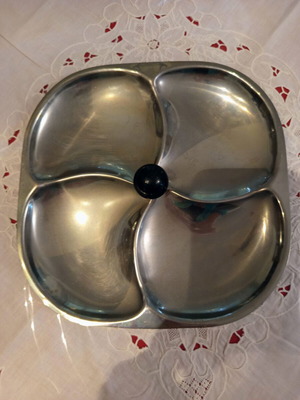 Vintage metal bowl snack tray with 4 compartments, used