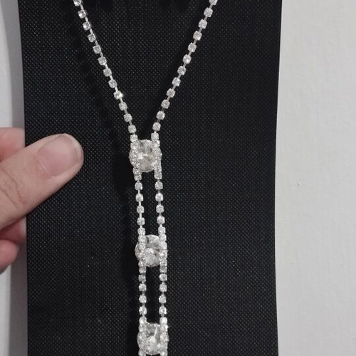 Evening jewelry set necklace-lariat and earrings with strass, new, silver-tone