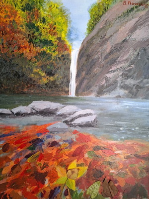 Painting Autumn Landscape acrylic with real flowers, new