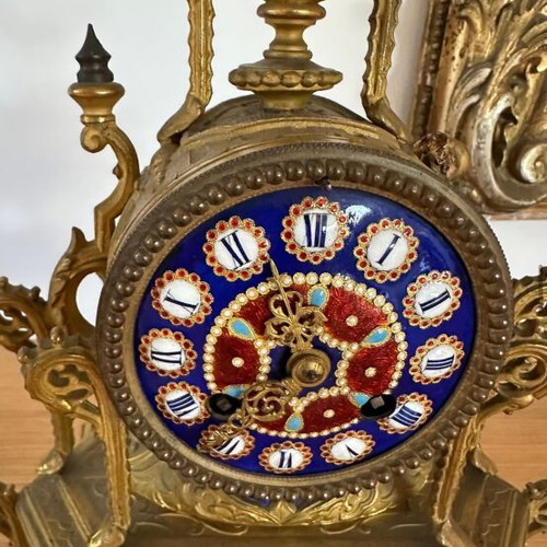 French table clock set with candlesticks in bronze and Sèvres porcelain elements like new