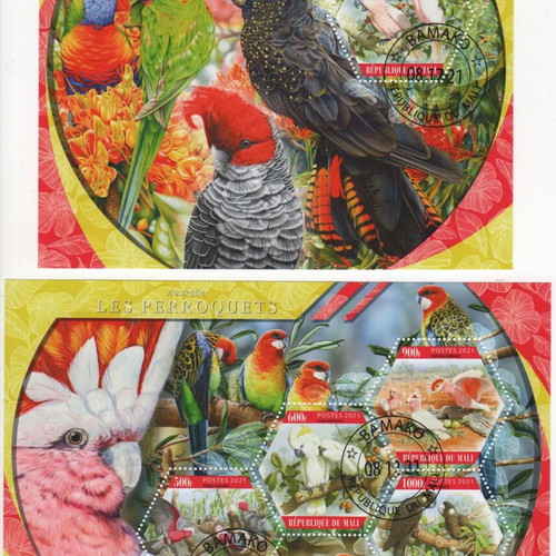 2021 Mali Parrots Stamp Set Complete with Block and Mini Sheet Mint Condition