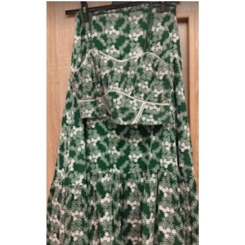 Pink Woman embroidered set with top and skirt, green and white