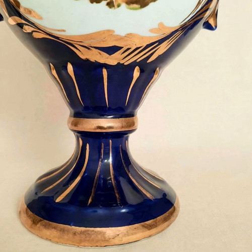 Vintage amphora vase made in Italy, cobalt blue with gold and Fragonard scene