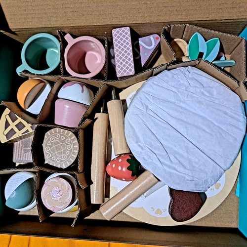 Wooden set for branch with tea, sweets and cake rack, fantasy play