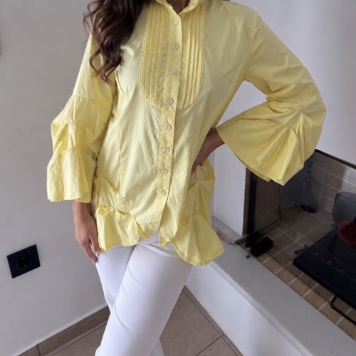 Grama pleated shirt size L used, yellow with balloon sleeves