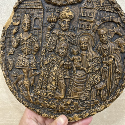 Antique wax plaque 1718, Adoration of the Magi
