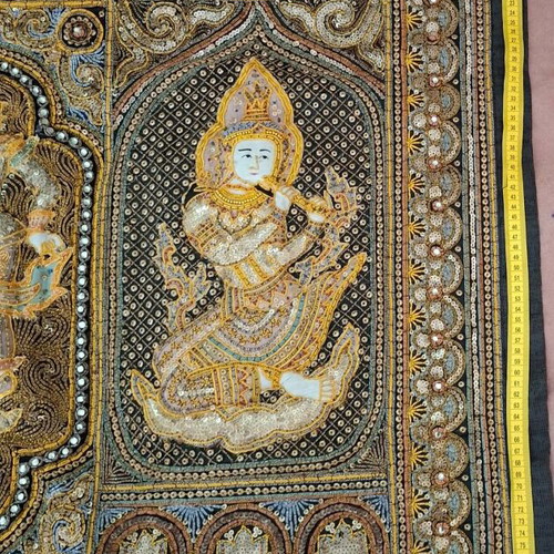 Vintage Burmese Kalaga Tapestry 92x137cm embroidered wall hanging used