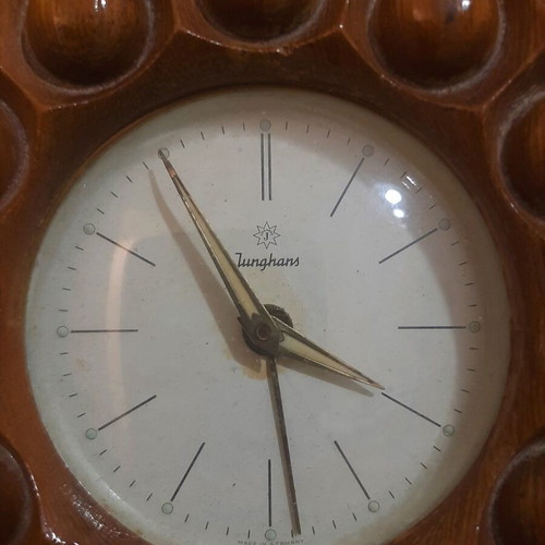 Wooden wind-up Junghans wall clock carved handmade like new