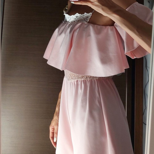 Romantic pink one-piece shorts like new with lace and ruffles