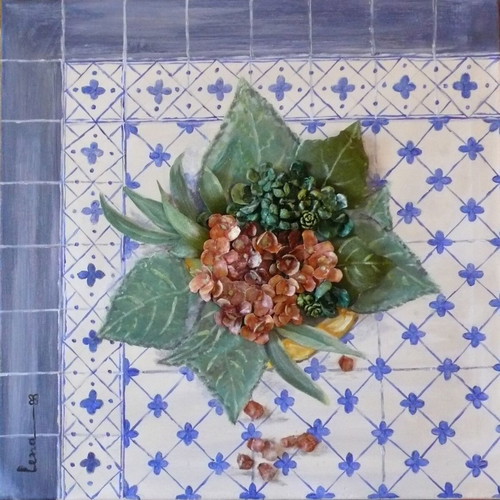 3D painting on canvas with acrylics and embossed pinecone flowers, 50x50 cm