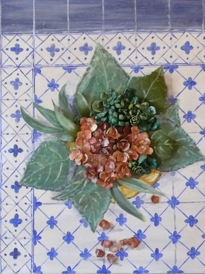 3D painting on canvas with acrylics and embossed pinecone flowers, 50x50 cm