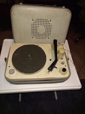 Record player suitcase used, 60s-70s era, black-gray leather case