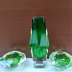 Mid-Century Sommerso Murano Green and yellow Glass Vase 2 ashtrays
