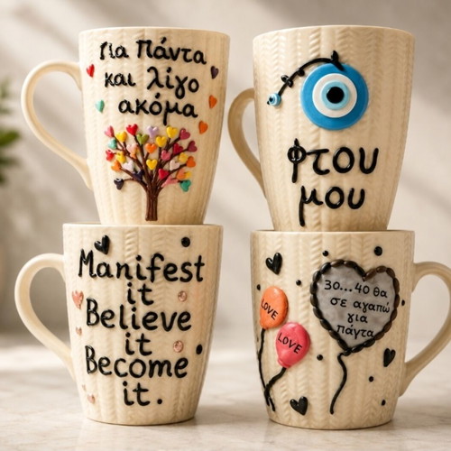 Handmade mugs with polymer clay, various designs