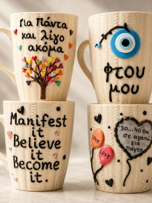 Handmade mugs with polymer clay, various designs