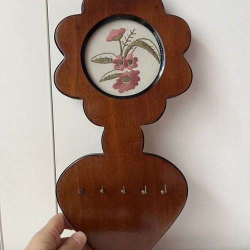 Vintage wooden wall key holder with flower and heart embroidery used