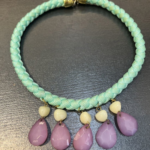 Handmade necklace with stones and threads, like new, purple and turquoise