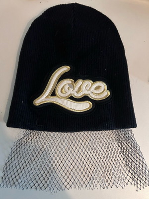 Pinko Black Used Knit Cap with Veil and Love Embroidery