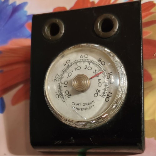 Vintage wooden desk set with thermometer and pen holders used