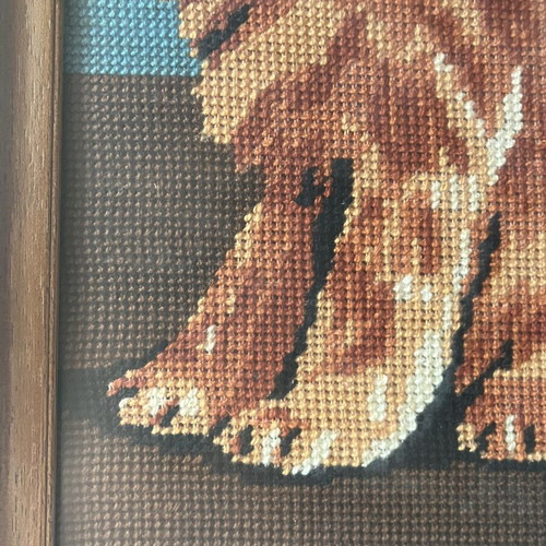 Vintage Handmade Needlepoint Embroidery Framed Cat with Bow used