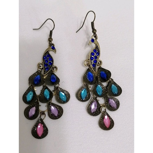 Peacock earrings new, multicolored, 7 cm height