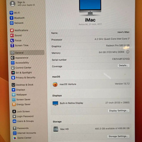 iMac 27 2017 Retina 5K used, i7-7700 4.2GHz, 64Gb ram, 500Gb Apple ssd, Radeon Pro 580 8Gb