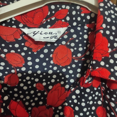 Vintage shirt new with shoulder pads, black with white polka dots and red roses, size L-XL