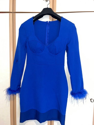 Blue royal dress with feathered sleeves like new, size S
