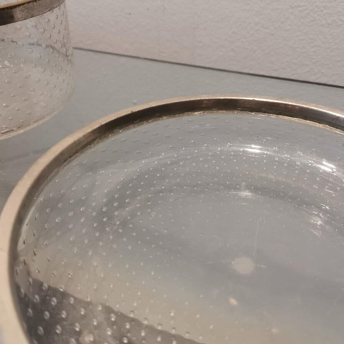 Set of two glass bowls used with silver-plated rim