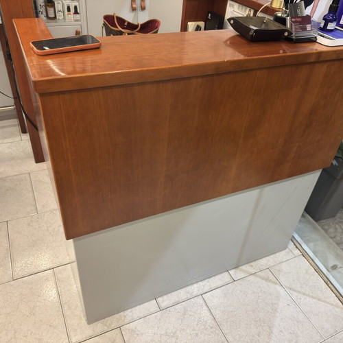 Reception desk used, cherry wood with light gray lacquer and inner counter