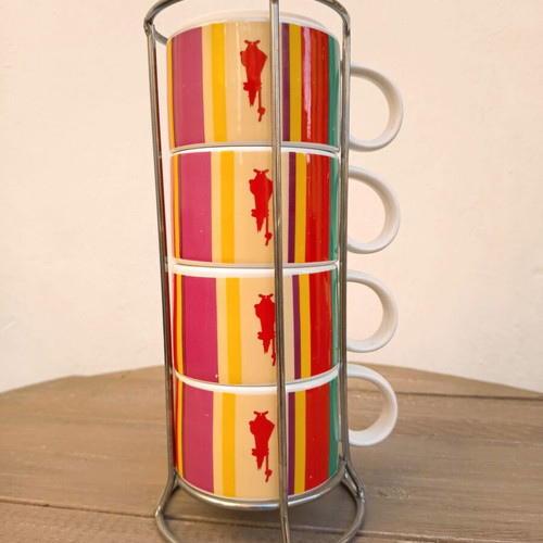 Bialetti Cappuccino Cup Set with Stand, like new, 4 multicolour cups