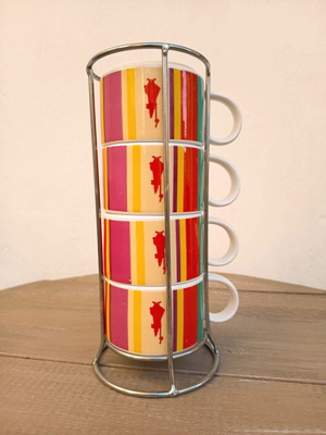 Bialetti Cappuccino Cup Set with Stand, like new, 4 multicolour cups