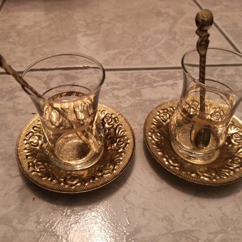 Turkish tea set 2 cups with saucers and spoons brand new