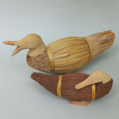 Set of handmade decorative wicker ducks used