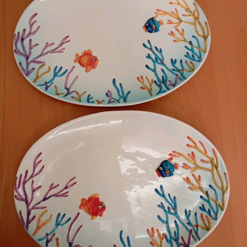 Porcelain platters MSA Home Collection new, with fish designs, set of 2